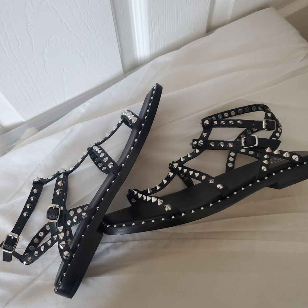 ASH Silver Stud Black Leather Sandals - Picture 4 of 16